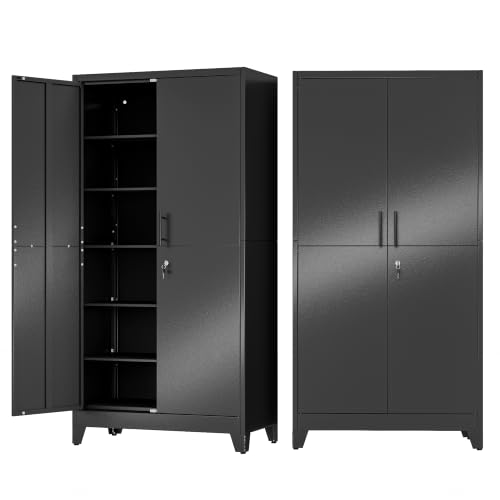 Image of Black Kitchen Pantry Cabinets, 79 Metal Lockable Storage for Office