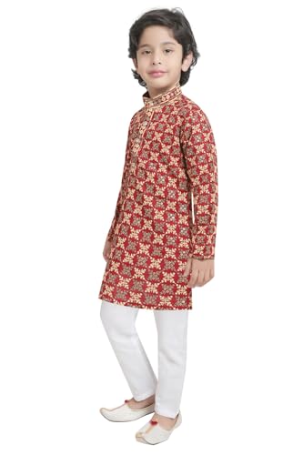 Image of TinySteps Boys' Ethnic Wear - Cotton Lakhnavi Chikan Kurta with Golden Sequence Work and Elastic Waist White Cotton Pajama - Festive & Wedding Outfit