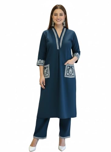 Image of SHEINZY Women's Embroidered Kurta Set with Pants | 3 /4 Sleeve V-Neck Kurti with Floral Thread Work | Ethnic Indian Wear for Casual & Festive Occasions | Comfortable Co-ord