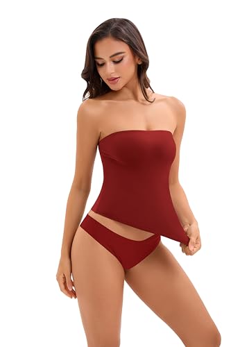 FLYSHEWIN Women's Tube Top Buttery Soft Double Lined Y2K Sexy Summer Casual Basic Sleeveless Going Out Tank Top Wine — view 3