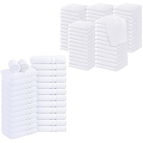 Oakias 60 Pack White Washcloths (12 x 12 Inches) and 24 Pack White Salon Towels (16 x 27 Inches) Cover