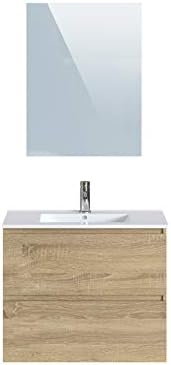 Amazon Brand - Movian Dive - Wall-mounted 2-Drawer Bathroom Vanity unit with Mirror and Washbasin, 81 x 465 x 49 cm, Brown