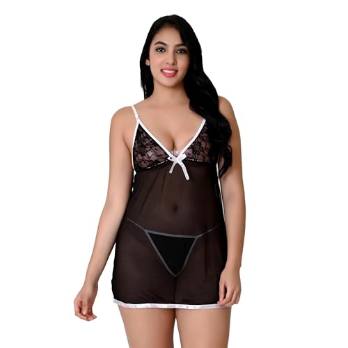Image of Women Babydoll Set for Honeymoon Newly Married Couples First Night Dress Valentine Girls Lingerie Solid Midi Short Nighty S - 3XL