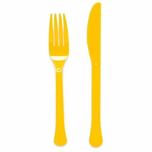 Amscan 9915411-205 - Buttercup Yellow - Cubiertos mixtos reutilizables ecológicos y reutilizables para lavavajillas, paquete de 24