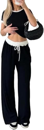 Image of Women’s Ribbed Wide Leg Trouser & Crop Top Co-Ord Set – Contrast Panel Tracksuit with Drawstring Waist (Black, S-M)