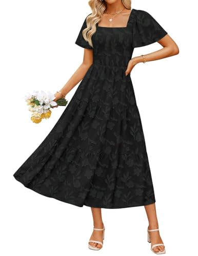 ZESICA Women‘s Summer Boho Floral Midi Dress 2026 Casual Short Sleeve Square Neck Flowy Beach Vacation Long Dress,Black,Large