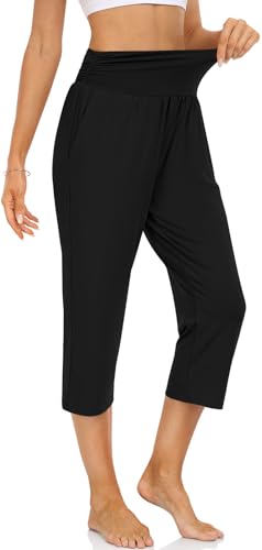 Image of UEU Women's Capri Pants Summer Loose Yoga Pants Comfy Workout Cropprd Pants with Pockets
