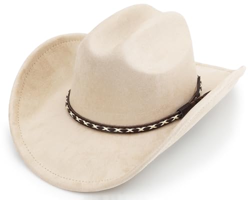 BESOOGII Western Cowboy Hat for Women and Men, Unisex Big Wide Brim Felt Hats for Cowboys and Cowgirls (US, Alpha, Large, Beige)