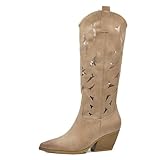 IF Botas altas Texanas para mujer Western de piel sintética vegana, diseño perforado, tacón medio y punta cónica, 710 Beige, 39 EU