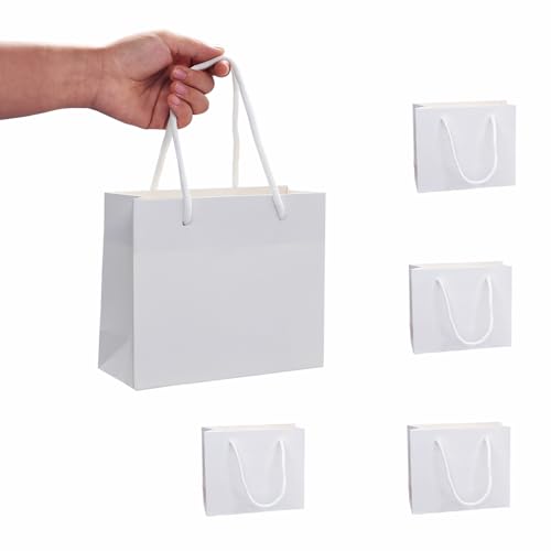 紙袋 手提げ プレゼント 袋 ギフトバッグ 小 引き出物袋 横型 おしゃれ 厚手タイプ 丈夫で耐久性があり 再利用可能 クラフト紙袋 結婚式 包装 パーティー 誕生日 ホワイトデー 贈り物 お土産 クリスマス用ギフトバッグ（18*7*15cm・5枚セット・白）