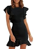 Bonkwa Women's Summer Dresses Casual Solid Flutter Sleeve Bodycon Dress Ruffle Hem Crewneck Dress Womens Dresses with Zipper Black