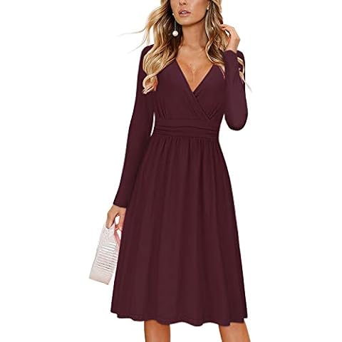 OUGES Women's Midi Dress V-Neck Wrap Casual Ladies Long Sleeve Dress with Pockets(Dark Red,L) Cover