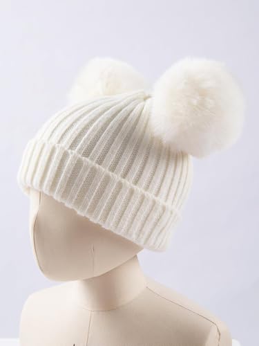 Boys Girls Knitted Beanie Hat Winter Detachable Faux Fur Double Pom Pom Knitting Beanie Warm Knit Skull Winter Cap2