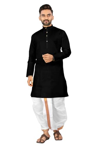 Image of UNIQUE MOMENTS Men's Cotton Dhoti Kurta Set with Full Sleeves Solid Pattern Modern Style and Mandarin Collar Neck | Perfect for Puja & Celebrations