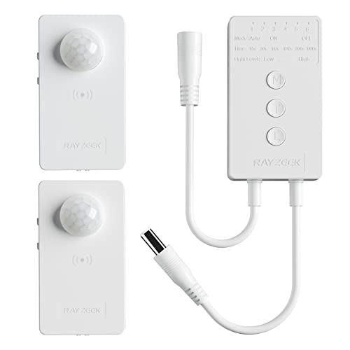 RAYZEEK Wireless Motion Sensor Controller Kit,12/24VDC Mini RF Wireless Led Strip Lights Controller with PIR Sensor,for Stairs,Gun Safe,Under Bed,Garage(1 ×Controller+2 ×Motion Sensor)