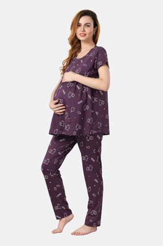 Image of Fabme Womens Cotton Pre and Post Pregnancy Maternity Top and Pyjama Set