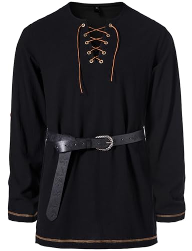 Image of JEMITOP Men's Pure Cotton Vintage Lace Up Shirts for Pirate Renaissance Viking Medieval Costume Without Belt