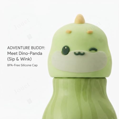 Image of JOUET 450ml Stainless Steel Kids Water Bottle with Cute Dinosaur Character Lid, Leakproof Drinking Bottle for School, Travel, Sports & Everyday Use