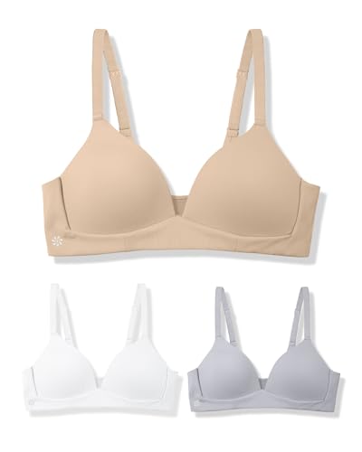 SALIA GIRL Teen Bras for Girls Ages 12-14, Soft Lightly Padded Tween Bras, Wireless Everyday Comfort with Pull-On Design, Warm Beige/Grey/White, M