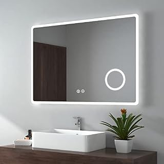 EMKE Bluetooth Bathroom Mirror with LED Lights 800 x 600mm, LED Bathroom Mirror with Bluetooth Speaker | Heated Demister Pad | Dimming Function | 3x Magnifier Illuminated Makeup Mirror