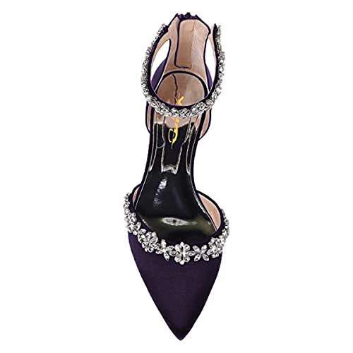 Image of XYD Women Classic Pointed Toe D'Orsay Wedding Flat Sandals Sparkly Rhinestones Ankle Strap Low Heel Dress Shoes with Zipper