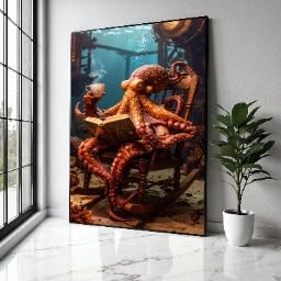 Poster pieuvre lisant cadeau original pour passionné de lecture et de steampunk