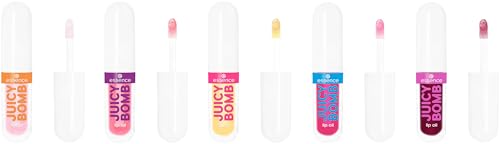 essence JUICY BOMB lip oil set 02 POUT OF PARADISE, Lippenöl-Set aus 5 Shades, tropischer Duft, glänzendes Finish, für gepflegte Lippen, 5×2,4ml