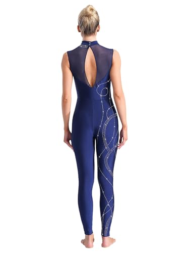 FEESHOW Women\'s Gymnastics Unitard One Piece Sleeveless Dance Bodysuits Skating Jumpsuit Ballet Leotards NavyBlue Small