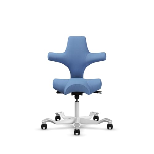 Image of HAG Capisco Standard Chair-White Frame-Upholstered Light Blue Washed