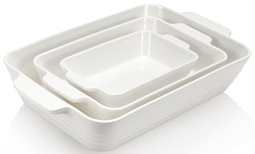 Ceramic Baking Dish Set, 3-Piece Casserole Dishes for Oven, Rectangular Baking Pans, Deep Lasagna Pans with Handles, Multi-Size Set for Cooking, Baking, Serving, and Gifting, White (16.1''/12.2''/9'')