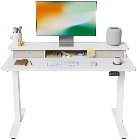 FEZIBO 40 x 24 Inch Height Adjustable Electric Standing Desk with Double Drawer, Stand Up Desk with Storage Shelf, Sit Stand Desk, White