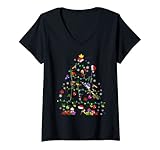 Womens Santa ELF Reindeer Fishing Rod Funny Christmas Tree Light V-Neck T-Shirt