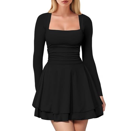 Women's Square Neck Long Sleeve Mini Dress, Bodycon Ruffle Hem Short Ruched Waist Party Club Dresses