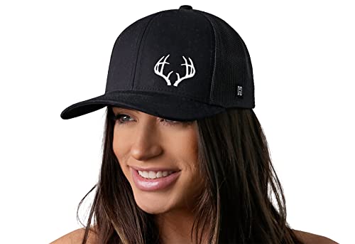 Haka Buck Antler Embroidered Trucker Hat, Outdoor Hat For Men & Women, Adjustable Baseball Cap, Mesh Snapback, Golf Hat - Black #TOP3