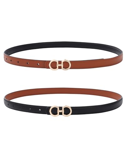 AWAYTR Skinny Reversible Belt for Girls - Kids Waist Leather Belt for Toddler with Gold Buckle for Dress Pants