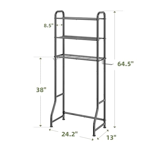 Image of Simple Trending Over The Toilet Storage Rack, Metal 3 Tier Bathroom Organizer Shelf with Paper Holder and 3 Hooks, Freestanding Shelf Space Saver Above Toilet,Black