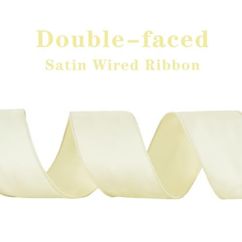 RIBBOOO Cremefarbenes Satinband mit Draht, 6,3 cm x 9,1 m, doppelseitiges Satinband mit Drahtrand, für Schleifen, Blumen, Geschenkverpackungen, Kränze, Babyparty, Dekoration, Hochzeit, Basteln,