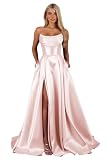 XIUMAO Blush Pink Satin Corset Prom Dresses with Slit Womens 2025 Strapless Cowl Neck Pleated Ball Gowns with Pockets A Line Long Formal Evening Dresses 0 Blush Pink