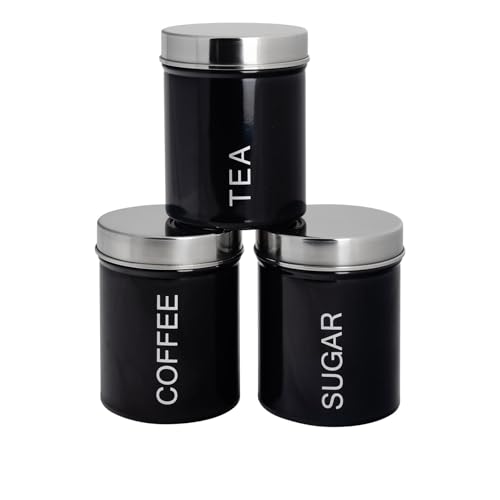 Harbour Housewares Round Metal Tea Coffee Sugar Canisters - Black - 3pc Set - Retro Kitchen Storage Loose Tea Coffee Beans Granulated Sugar Airtight Container Food Preserve Caddy with Lid