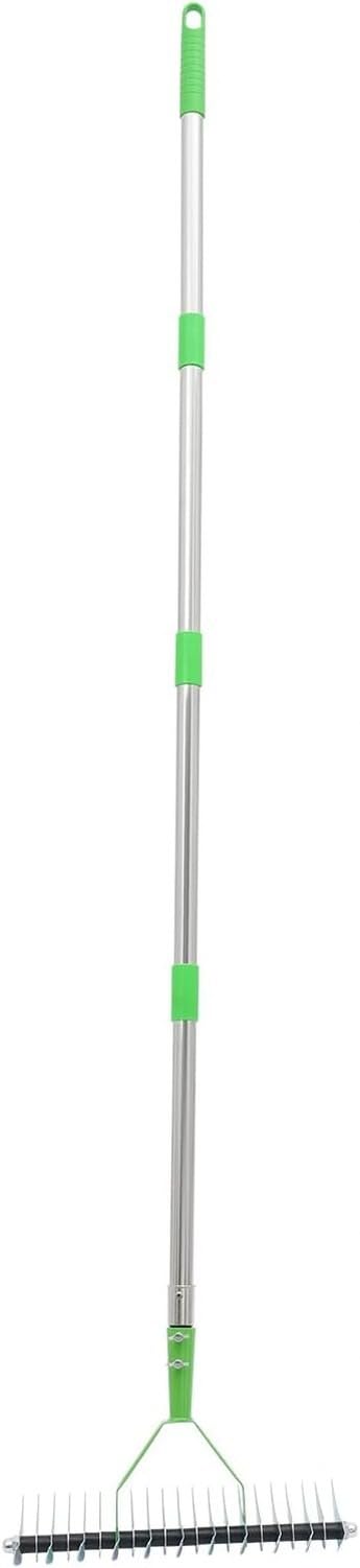 Rastrello Scotico per Prato, Manico Regolabile 1,7m, 21 Rebbi Curvi, Acciaio al Carbonio e Inox, Arieggiatore per Rimuovere Muschio, Secca e Detriti per Gi