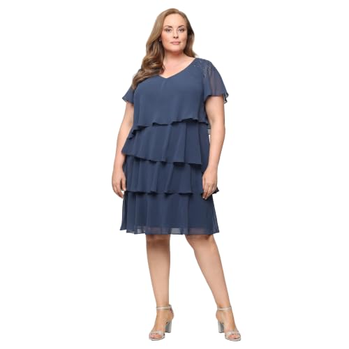 Image of S.L. Fashions Women's V-Neck Chiffon Cocktail Dress with Beaded Shoulders and Asymmetrical Tiers (Petite and Regular Sizes)