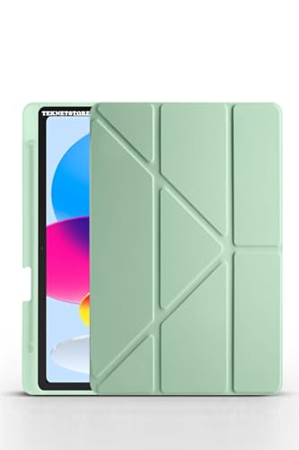 Kılıf; iPad A16 11 inç 2025 10. Nesil 10.9, Kalem Bölmeli, Arkası Silikon, Standlı, Uyku Modlu, Açık Yeşil