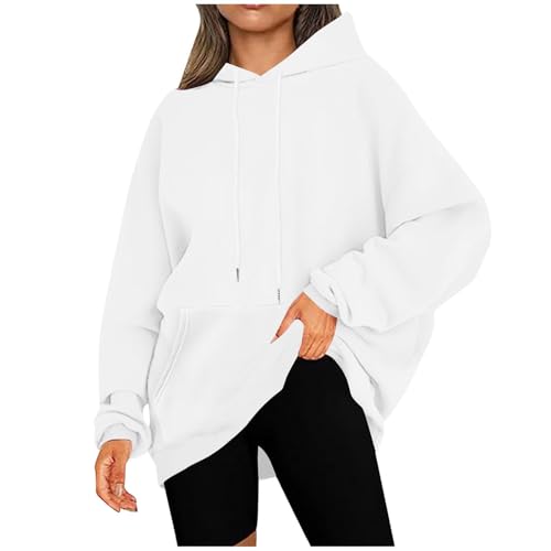 Oversized Hoodie damska bluza z kapturem, sweter na co dzień, długa, jednokolorowa bluza z kapturem, luźna, luźna bluza z kapturem z kieszeniami, sportowa bluza damska, oversized, 04 biały., L