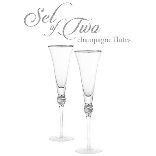Berkware Set Of 2 Champagne Glasses - Luxurious Champagne Trumpet Flutes With Silver Dazzling Rhinestone Design And Silver Rim #TOP1