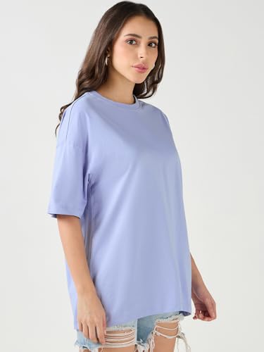 Image of Bewakoof Women's Solid Oversized Fit Half Sleeve Round Neck Cotton Jersey T-Shirt