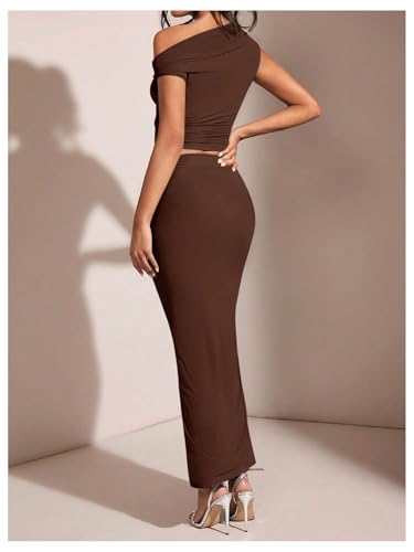 WDIRARA Women's Solid Asymmetrical Neck Two Piece Set One Shoulder Bodycon Maxi Skirt Set Coffee Brown Small