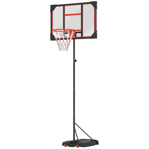 AIYAPLAY Cerceau de basket-ball d'extérieur réglable en hauteur de 210 à 260 cm et support avec roulettes, base plus grande, pour 6 ans et plus, rouge