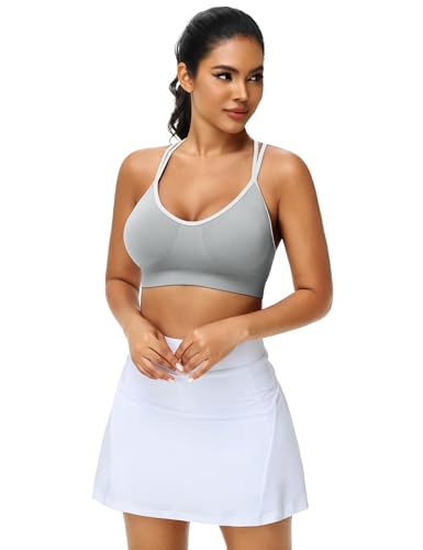 Image of VEQKING Strappy Cross Back Women Sports Bra Pack for Medium Support Workout | Removable Padded Cups, Spaghetti Strap, Comfort Seamless Wirefree, Soft Breathable Fabric, for Gym /Yoga /Pilates /Walking /Daily