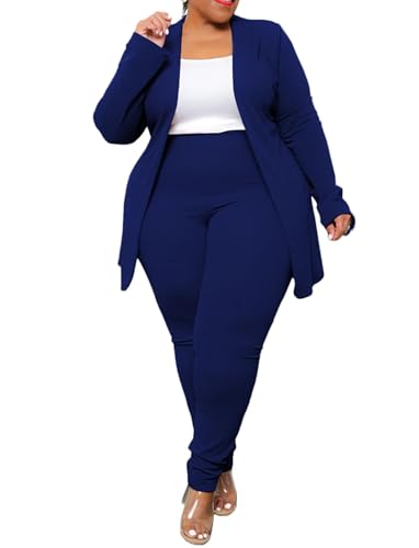 IyMoo Women's Plus Size Two Piece Open Front Long Sleeve Blazer and Elastic Waist Solid Pant Set Suit