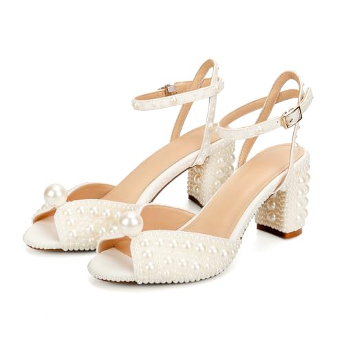 Image of Goolita Pearl Heels For Women Mid Block Ankle Strap Heeled Sandals Round Open Toe Party Evening Bridal Shoes For Wedding